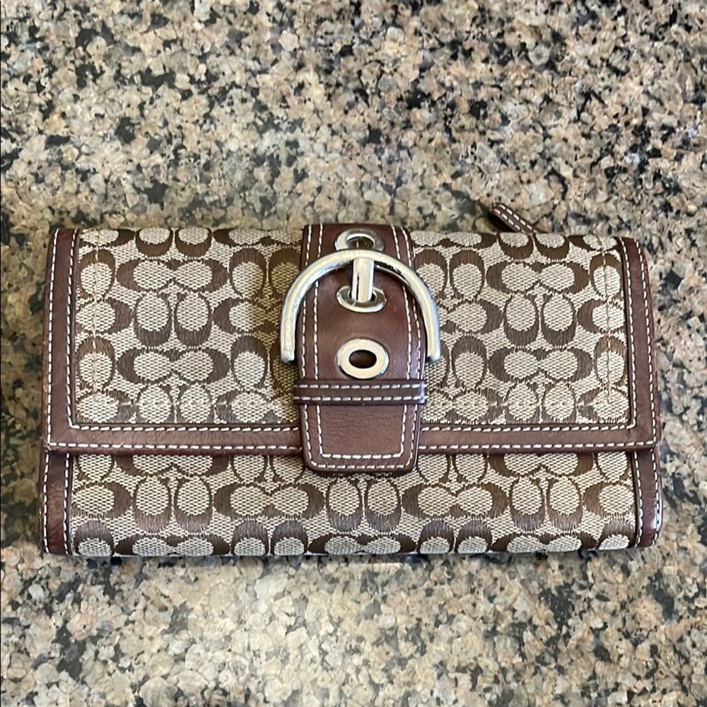Coach Brown and Cream Wallet with Silver Buckle